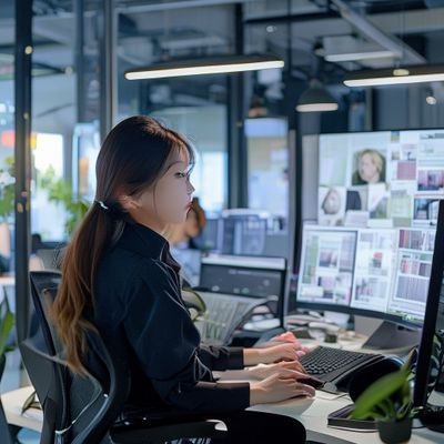 林晓雯，内容总监，在明亮的内容审核工作区内专注审阅视频内容，桌面整洁，多屏工作环境，展现专业内容把控能力