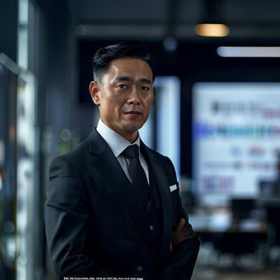 陈明远，SpankingVideo影视传媒创始人，身着深色正装在现代办公室内，表情自信沉稳，背景为公司品牌标识与数据大屏